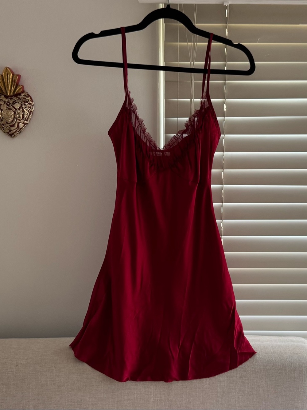 Red Satin Lace Trim Slip Dress